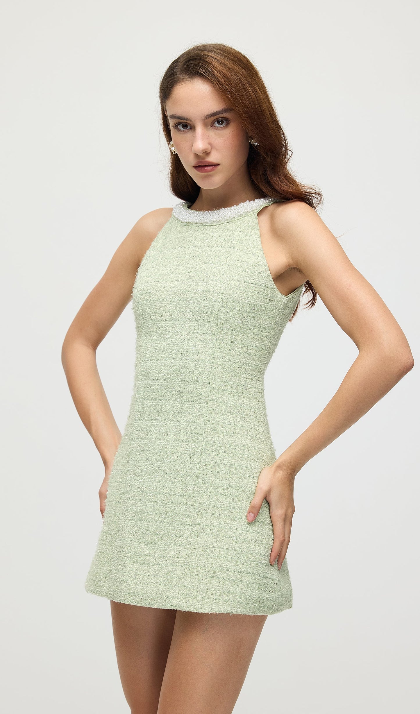 Halter Tweed Mini Dress In Mint