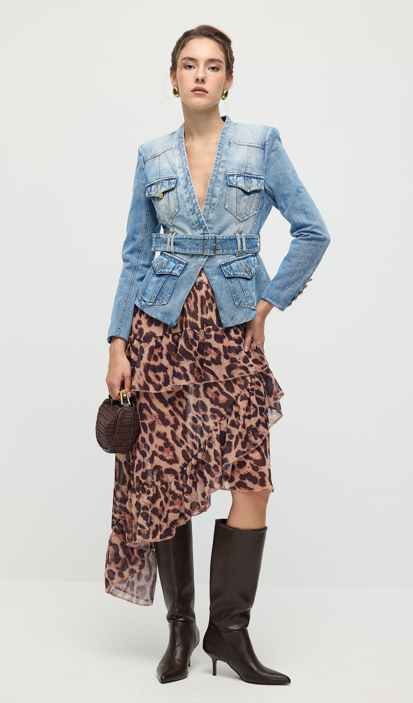 Solid V Neck Blue Denim Jacket With Belt