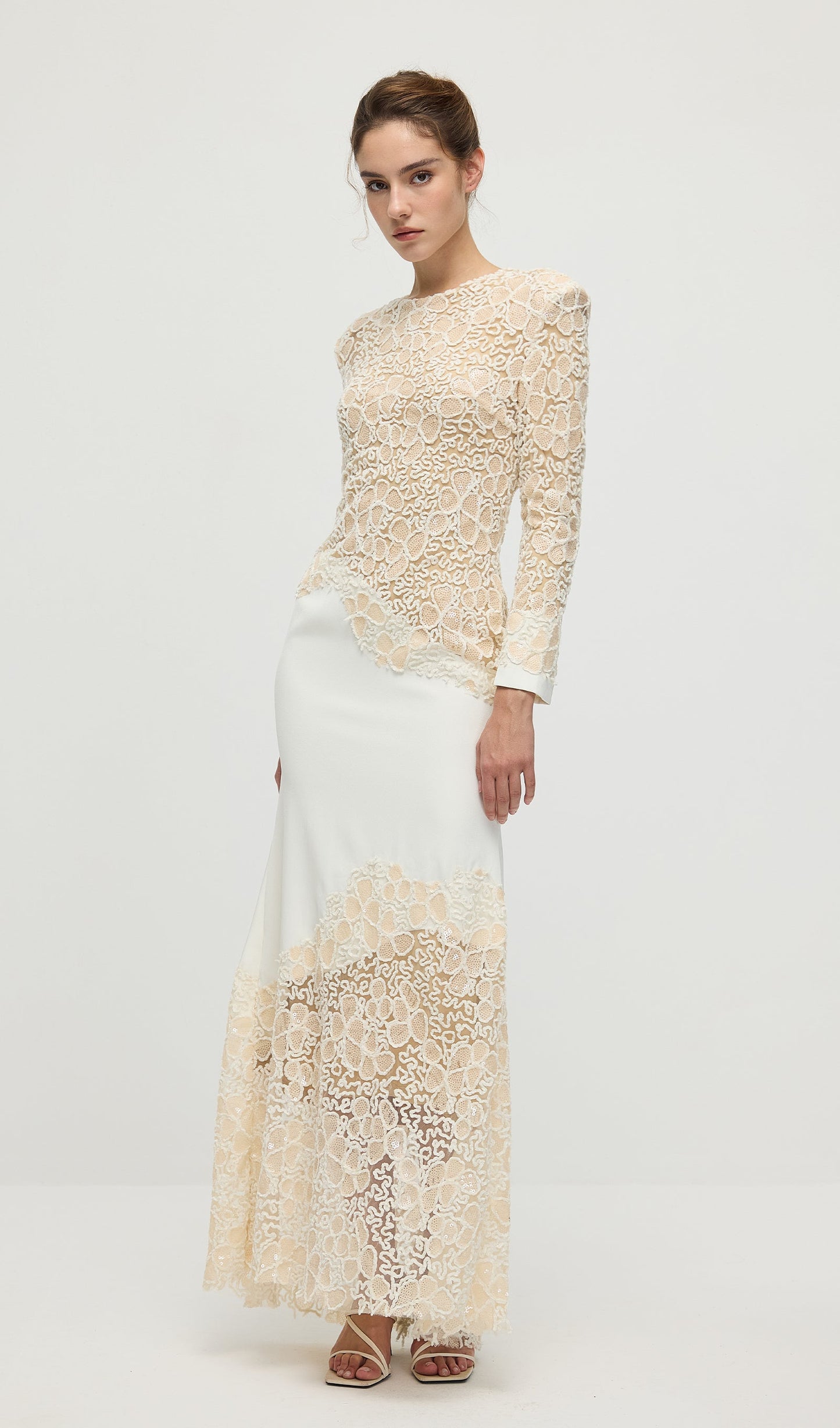 Textured Floral Embroidered Sequined Maxi Dress In Ivory