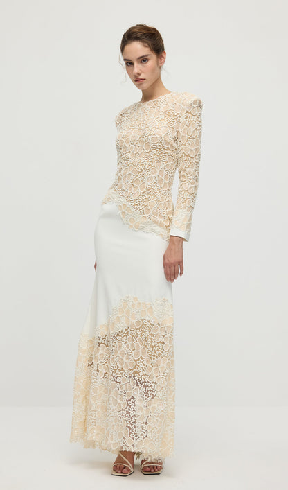 Textured Floral Embroidered Sequined Maxi Dress In Ivory