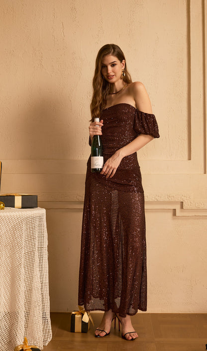 Off Shoulder Stretch Sequin Maxi Dress