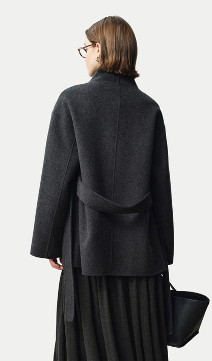 Asymmetrical Woo Cashmere Belted Coat In Grey