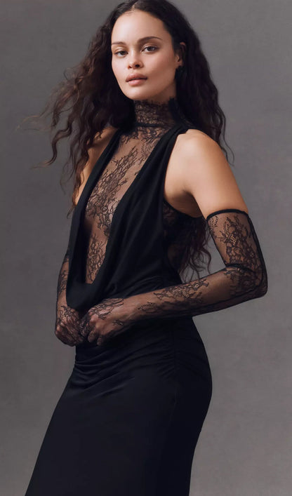 Lace Bodice Ruched Maxi Dress In Black
