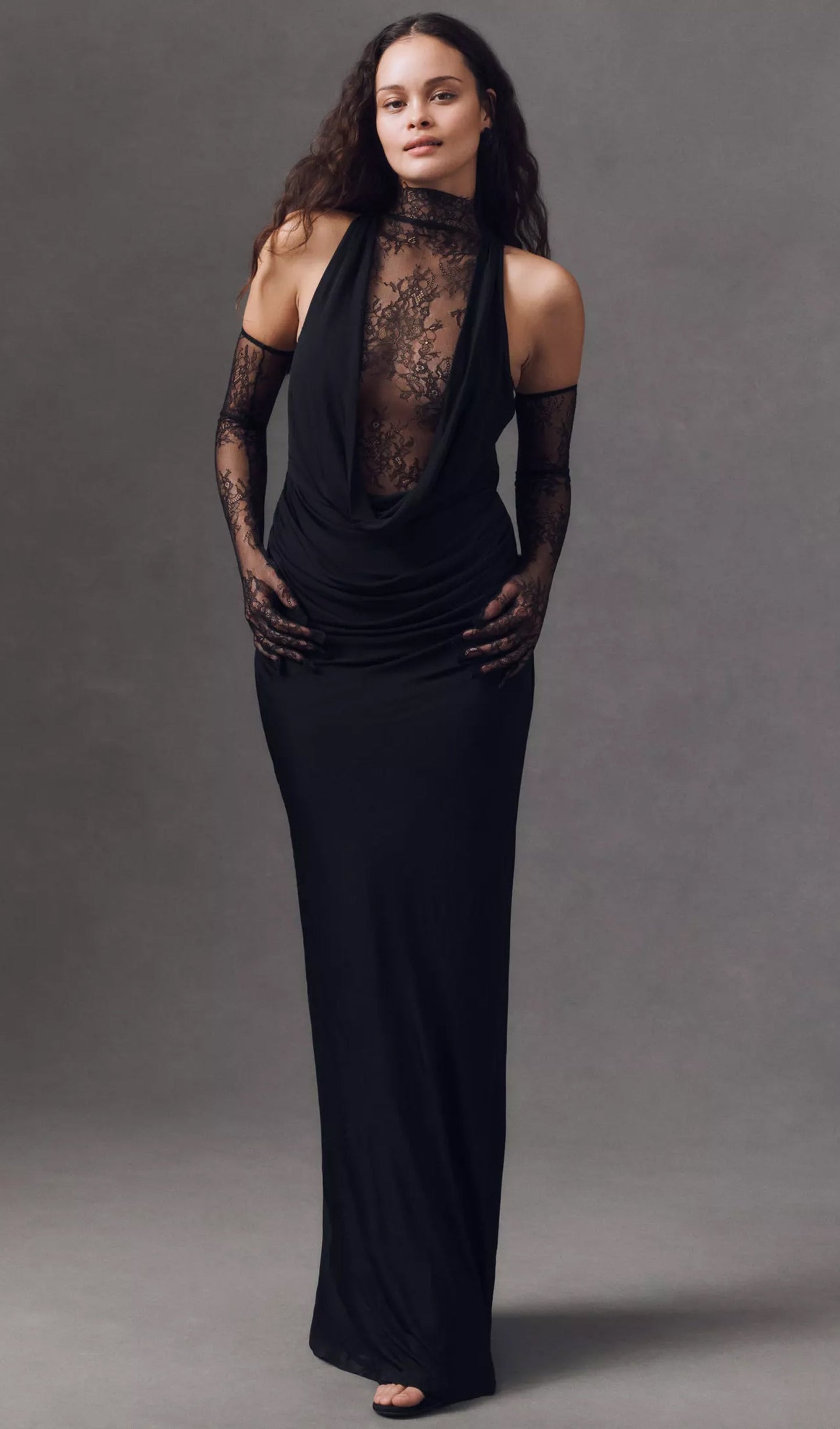 Lace Bodice Ruched Maxi Dress In Black