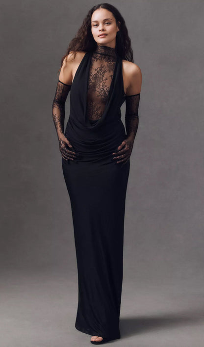 Lace Bodice Ruched Maxi Dress In Black
