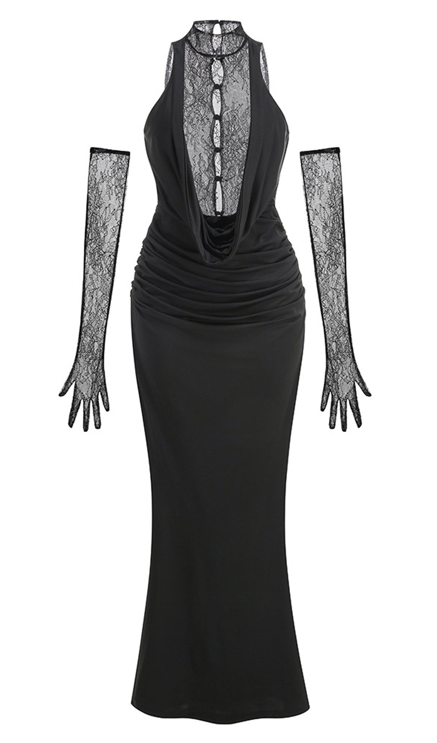 Lace Bodice Ruched Maxi Dress In Black