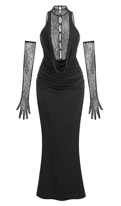 Lace Bodice Ruched Maxi Dress In Black
