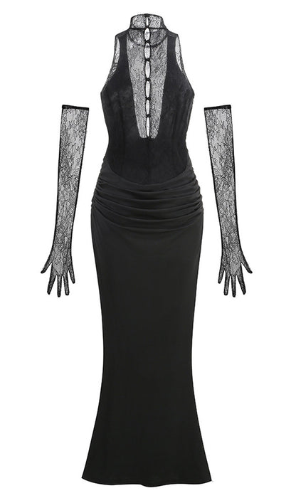 Lace Bodice Ruched Maxi Dress In Black