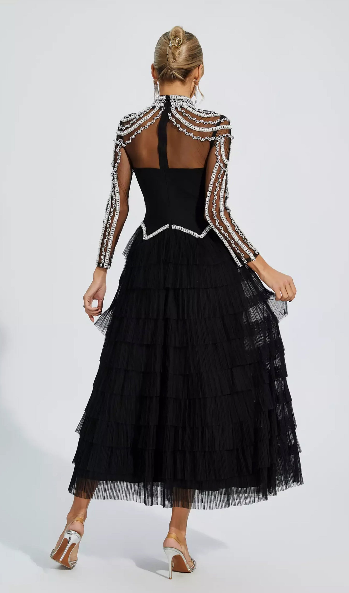 Long Sleeve Beads Pearls Mesh Maxi Layered Dress