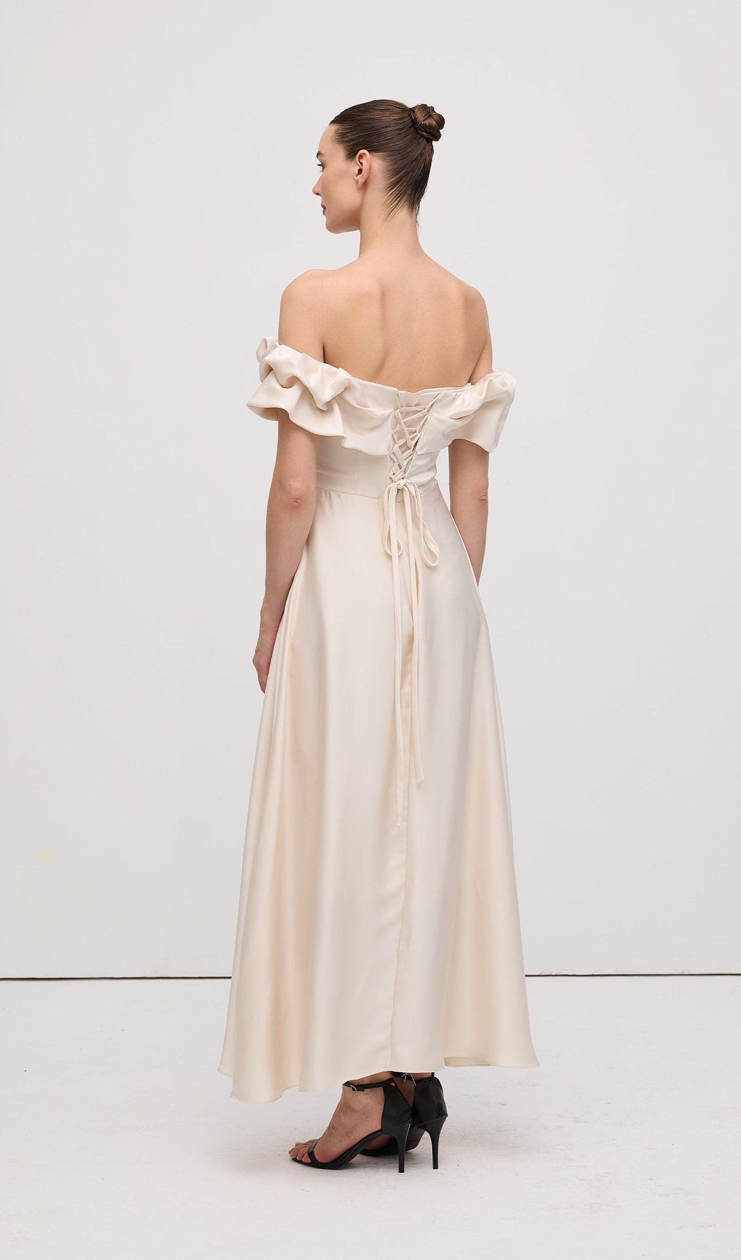 Off Shoulder Ruffle Satin Midi Dress