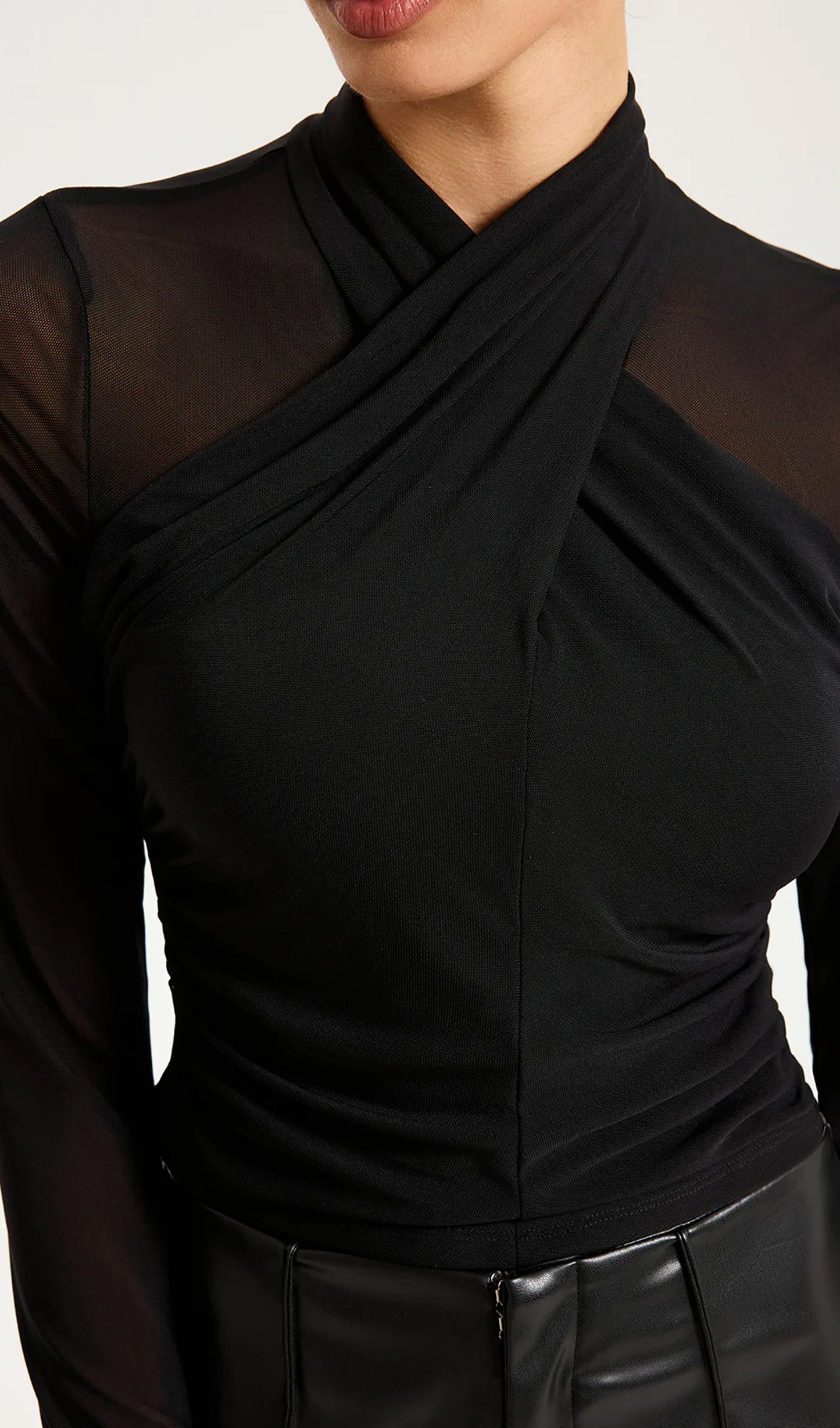 Cross-Front Sheer Mesh Long-Sleeve Top Black