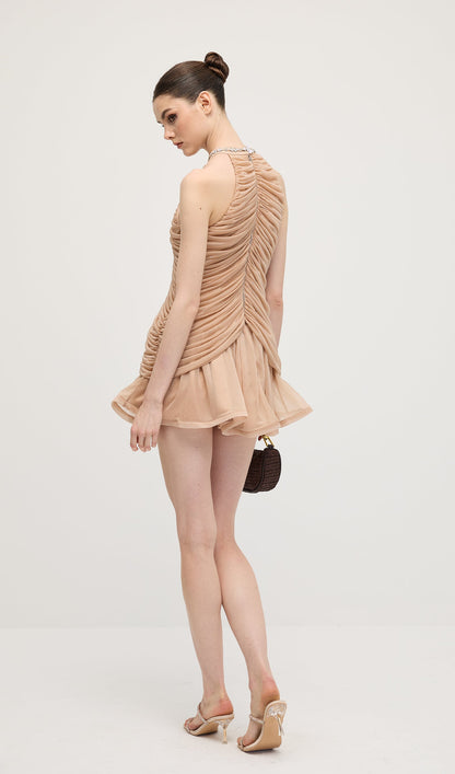 Embellished Ruched Mini Dress In Apricot
