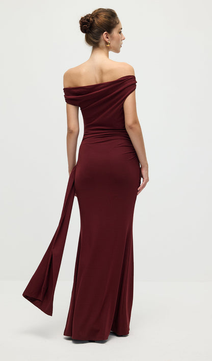 Solid Slinky Fishtail Maxi Dress In Mahogany