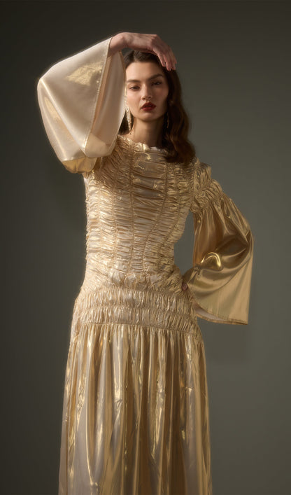 Solid Metallic Elasticated Gathers Maxi Dress