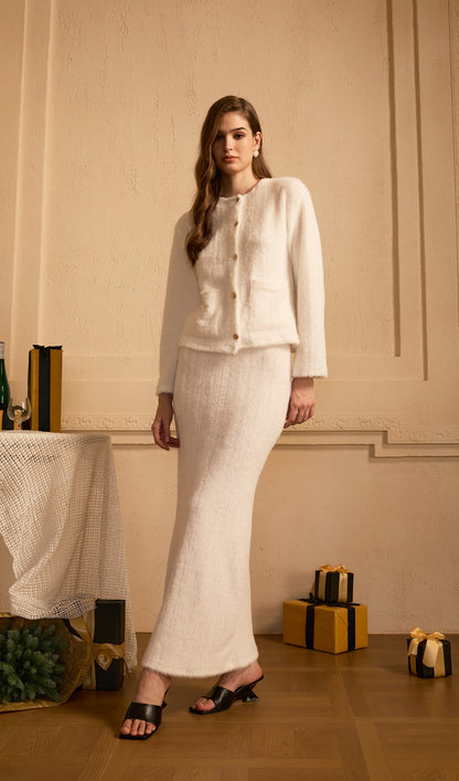 Fluffy Knitted Cardigan & Maxi Skirt Set White