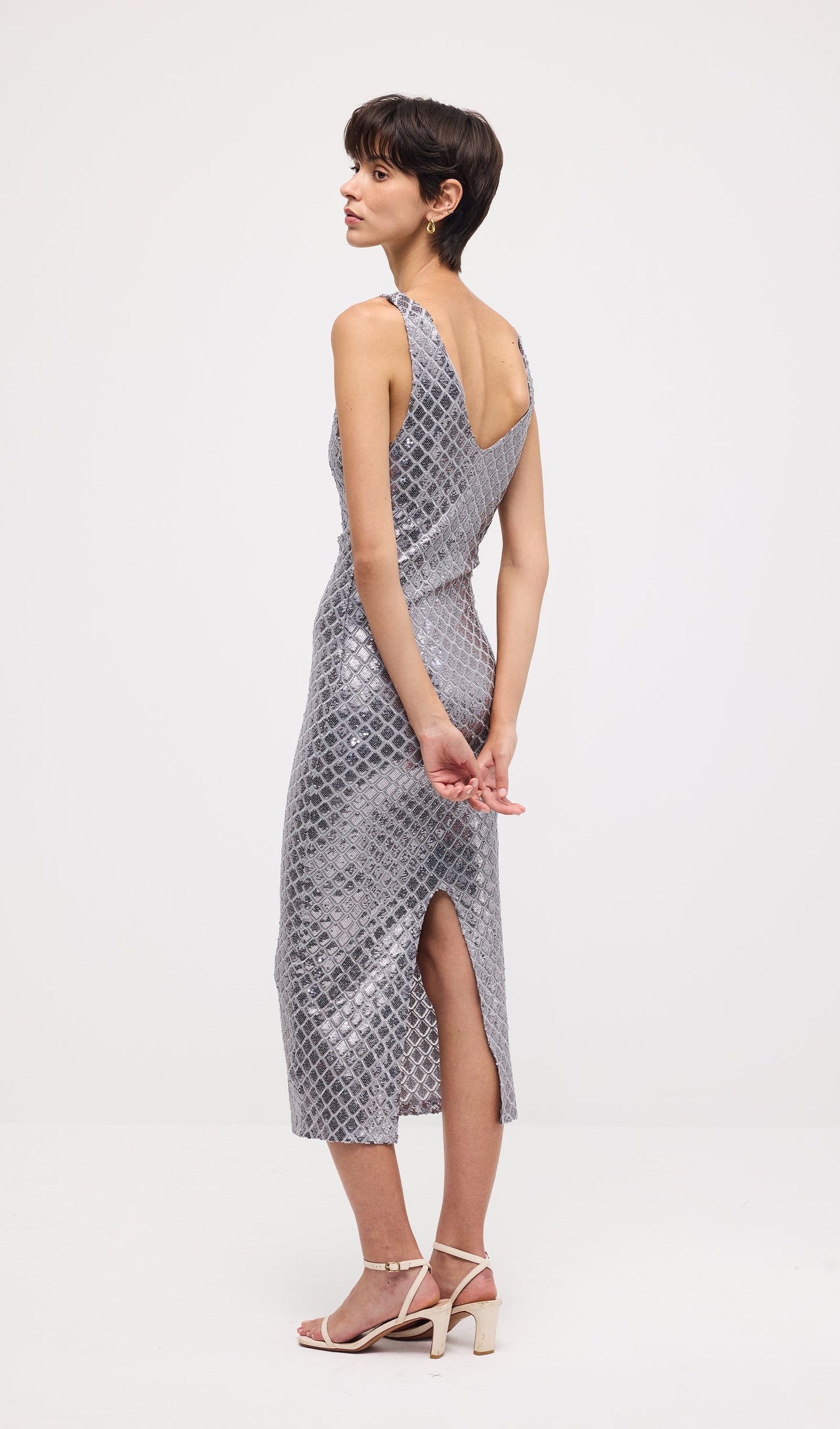 Sleeveless Embellished V Neck Midi Dress