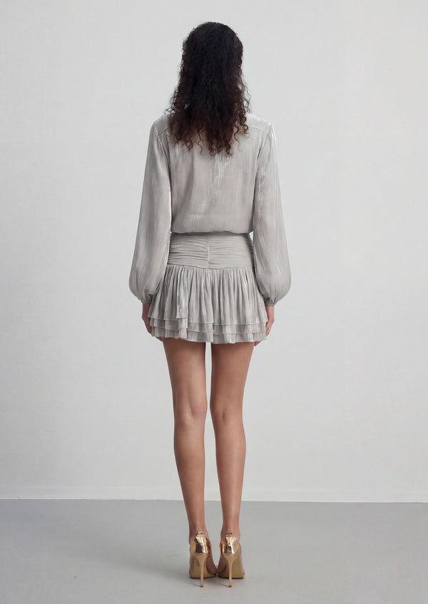 Bow Blouse & Shirred Skirt Set In Silver