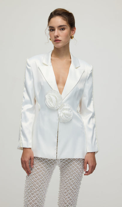 Faux-Pearl Floral Blazer & Trousers Set