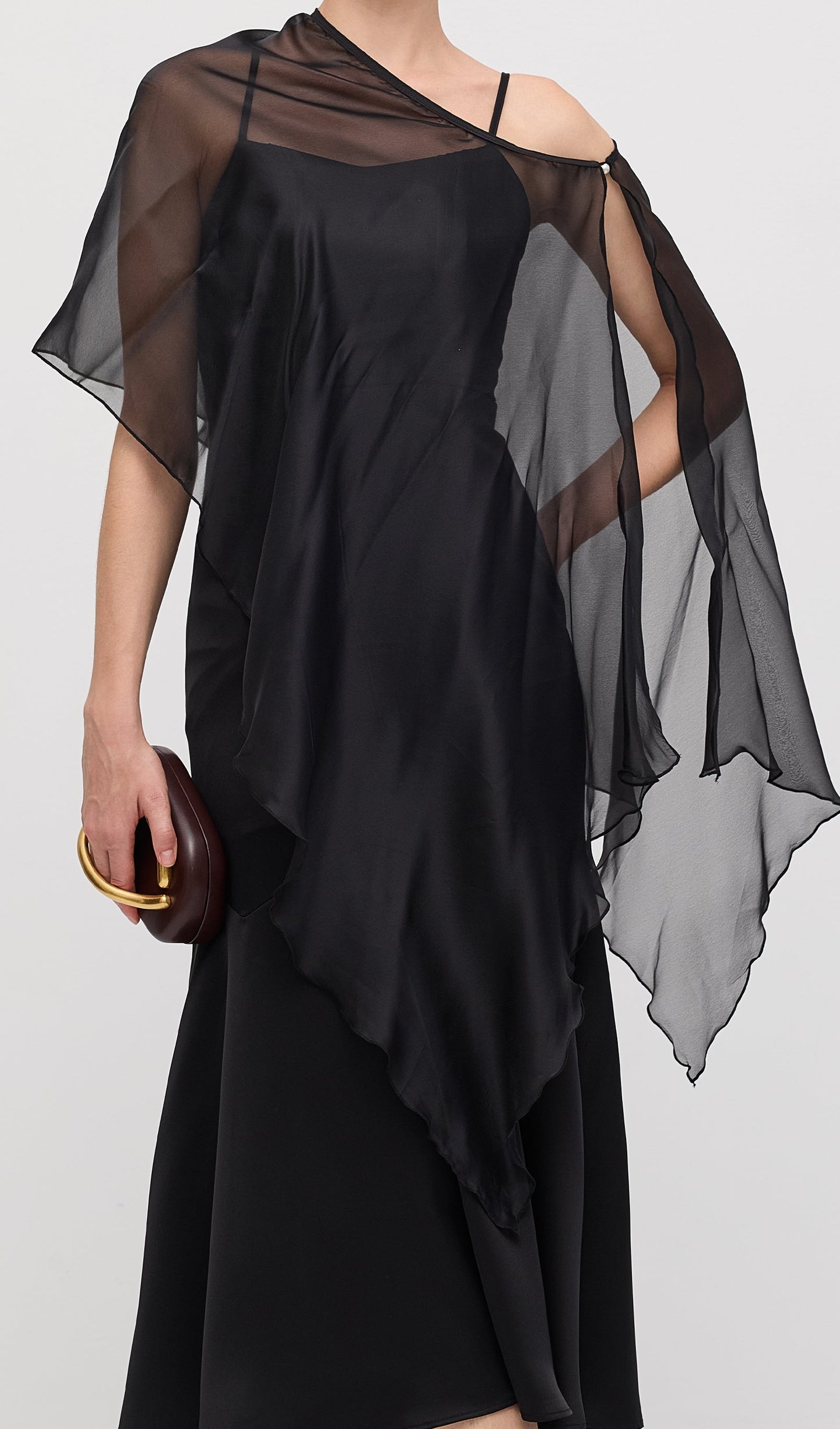 Asymmetric Cape With Satin Midi Dress
