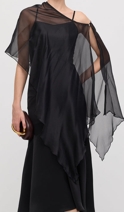 Asymmetric Cape With Satin Midi Dress