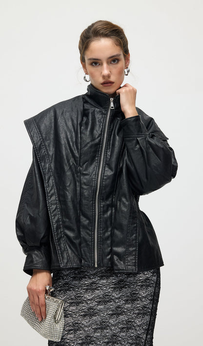 Waisted Lapel Leather Jacket In Black