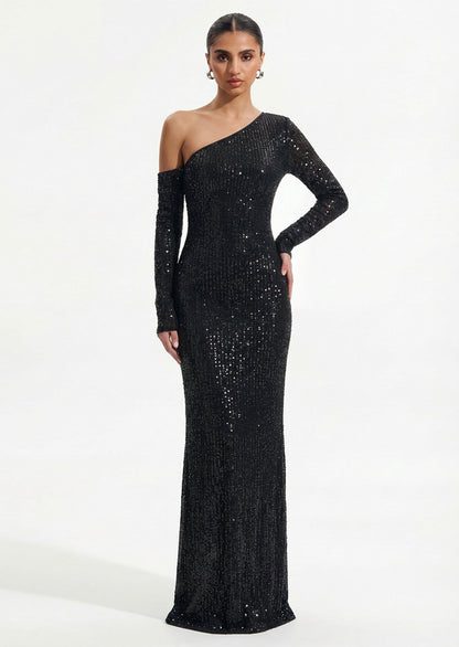 Diamante Long Sleeve Maxi Dress In Black