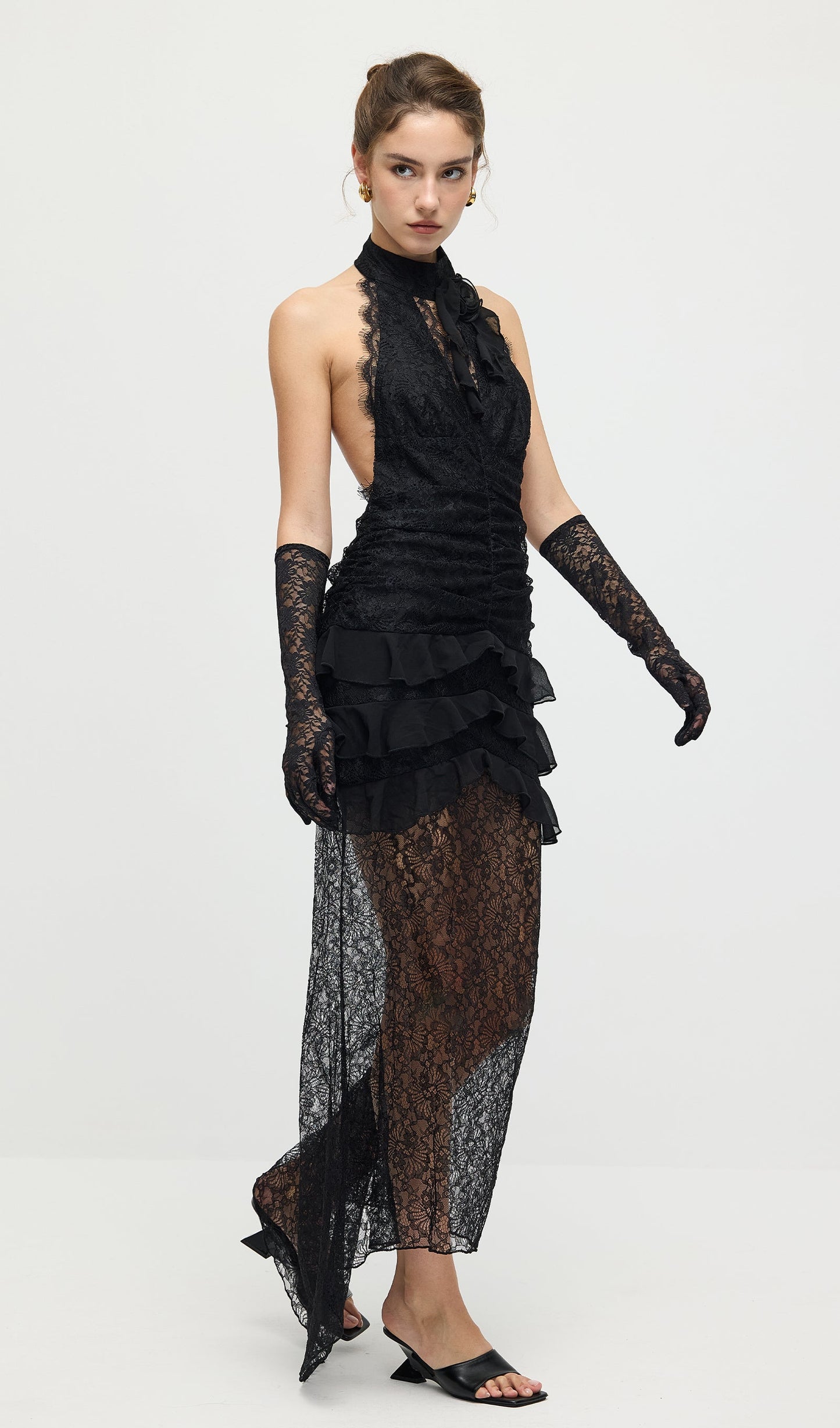 V Neck Ruffled Lace Maxi Dress