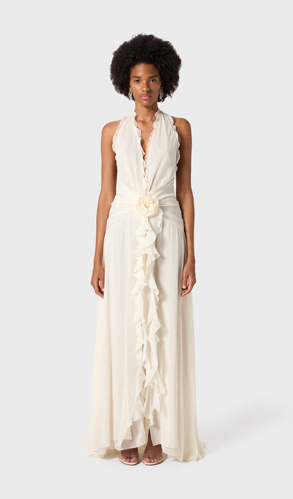 Halter Ruffles Rose Decoration Maxi Dress