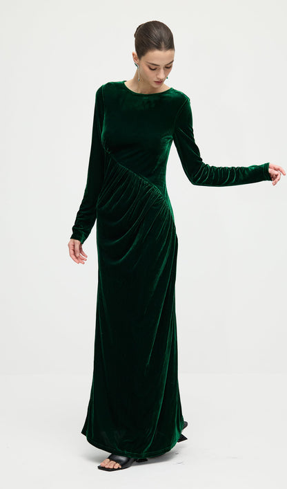 Long Sleeved Gathers  Maxi Dress In Dark Green
