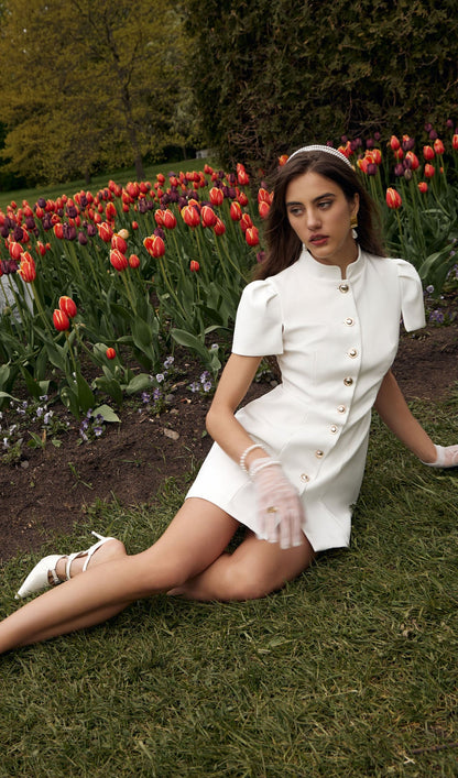 Mini Fitted Dress With Large Buttons In White