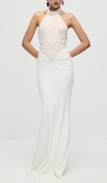 Gathered Lace Jersey Halterneck Dress