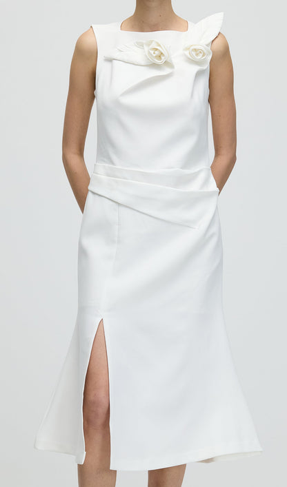 Sleeveless Flower Ruched Slit Midi Dress