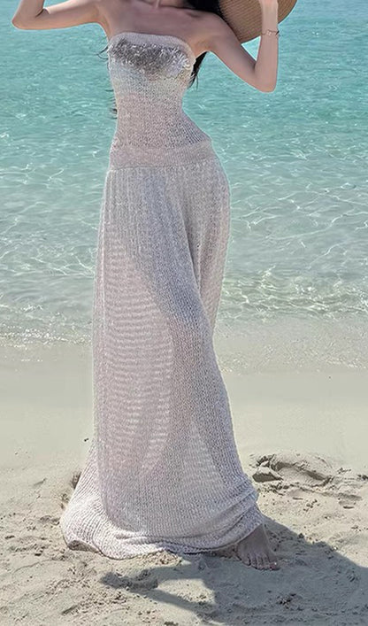 Irregular Hollow Knitted Tube Maxi Dress
