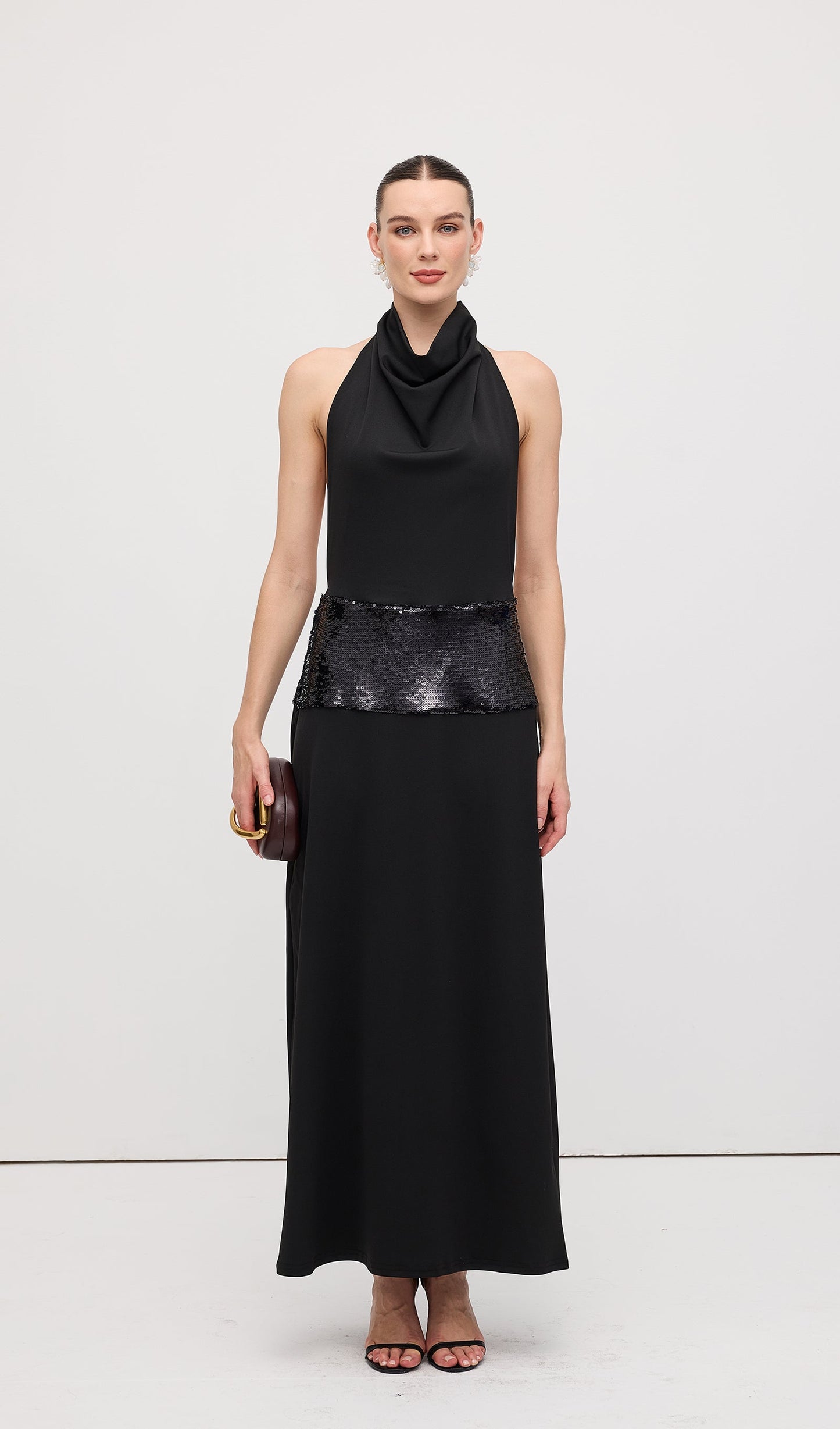 Draped Cowl Neck Open Back Maxi Dress