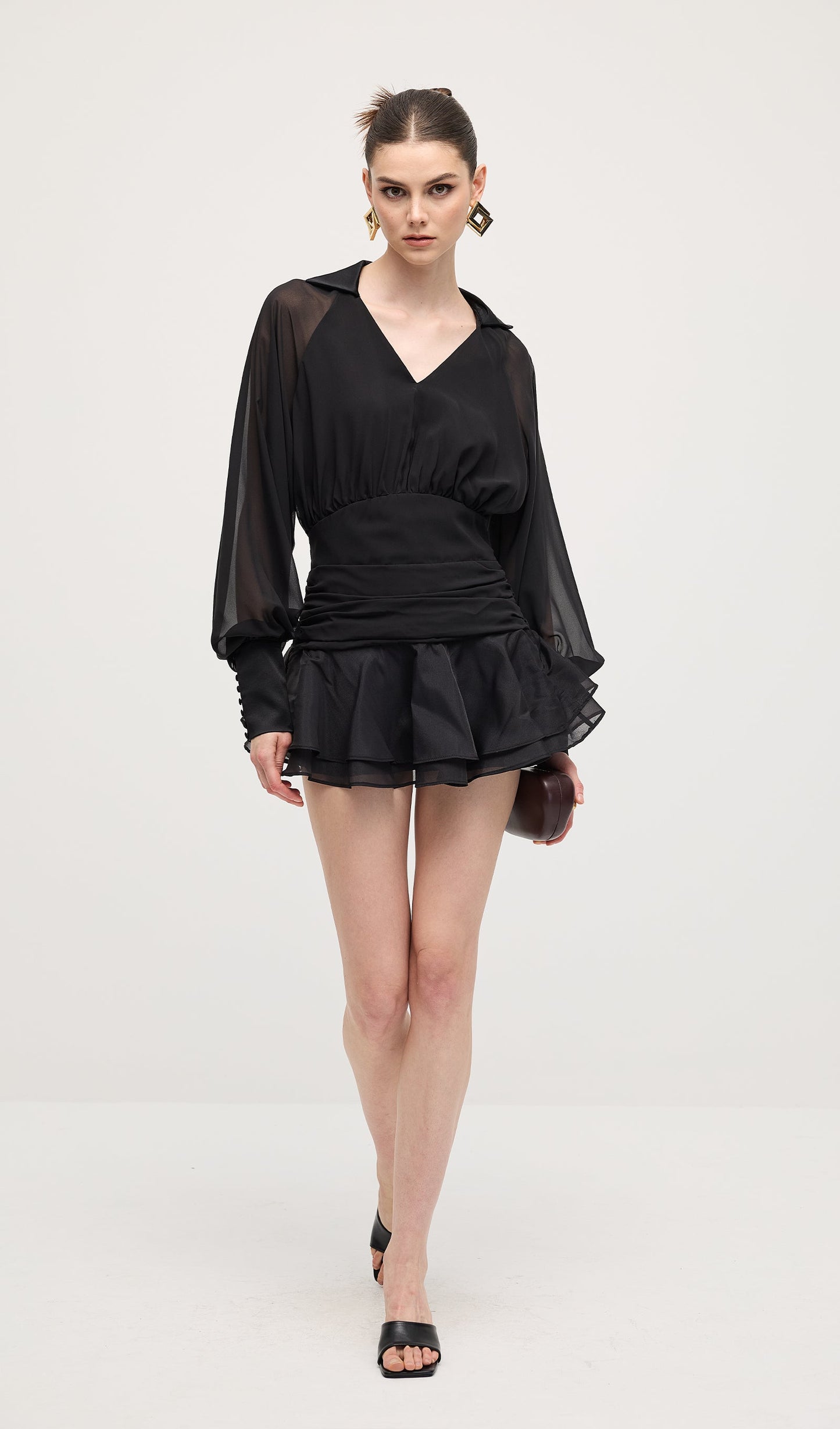 Solid Lantern Sleeve Mini Dress Black