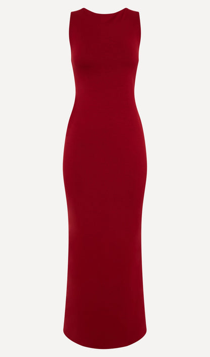 Asymmetrical Scuba Jersey Maxi Dress Ruby