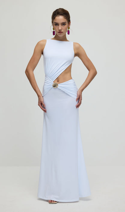 Draping And Shell Decorations Maxi Dress In White
