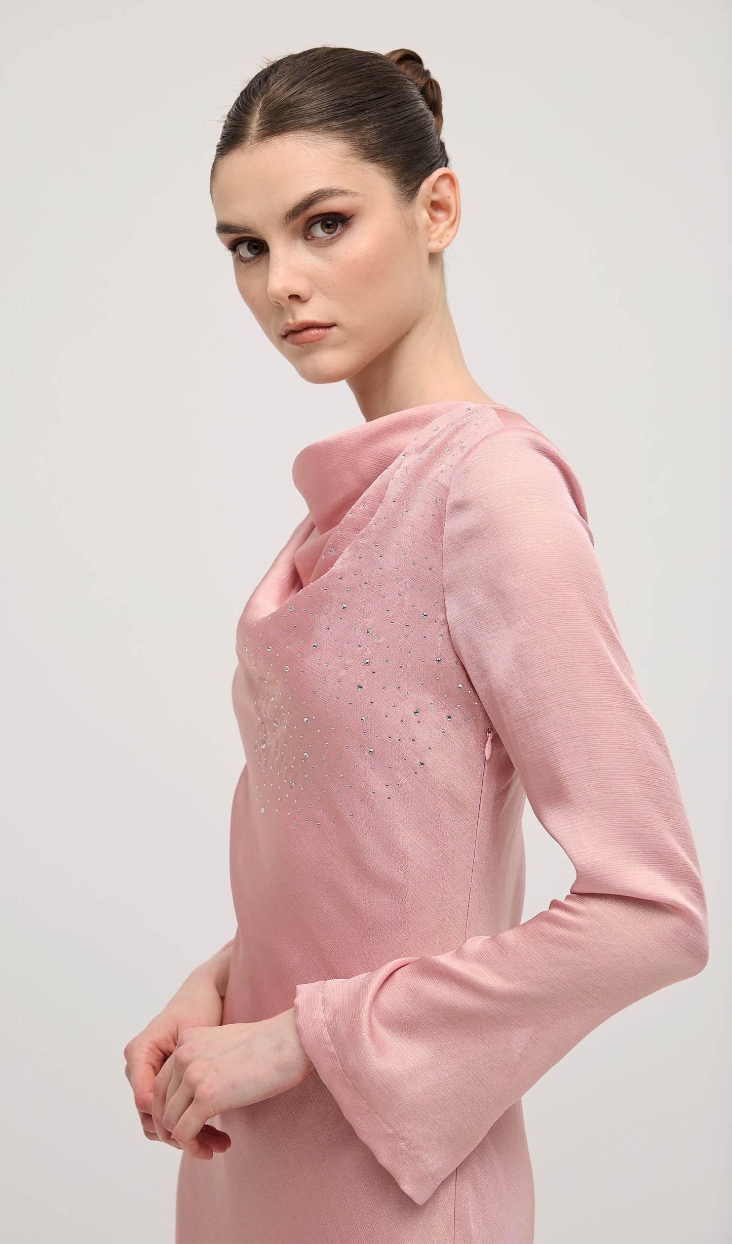 Fitted Satin With Rhinestones Maxi Dress In Pink