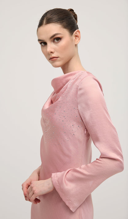 Fitted Satin With Rhinestones Maxi Dress In Pink