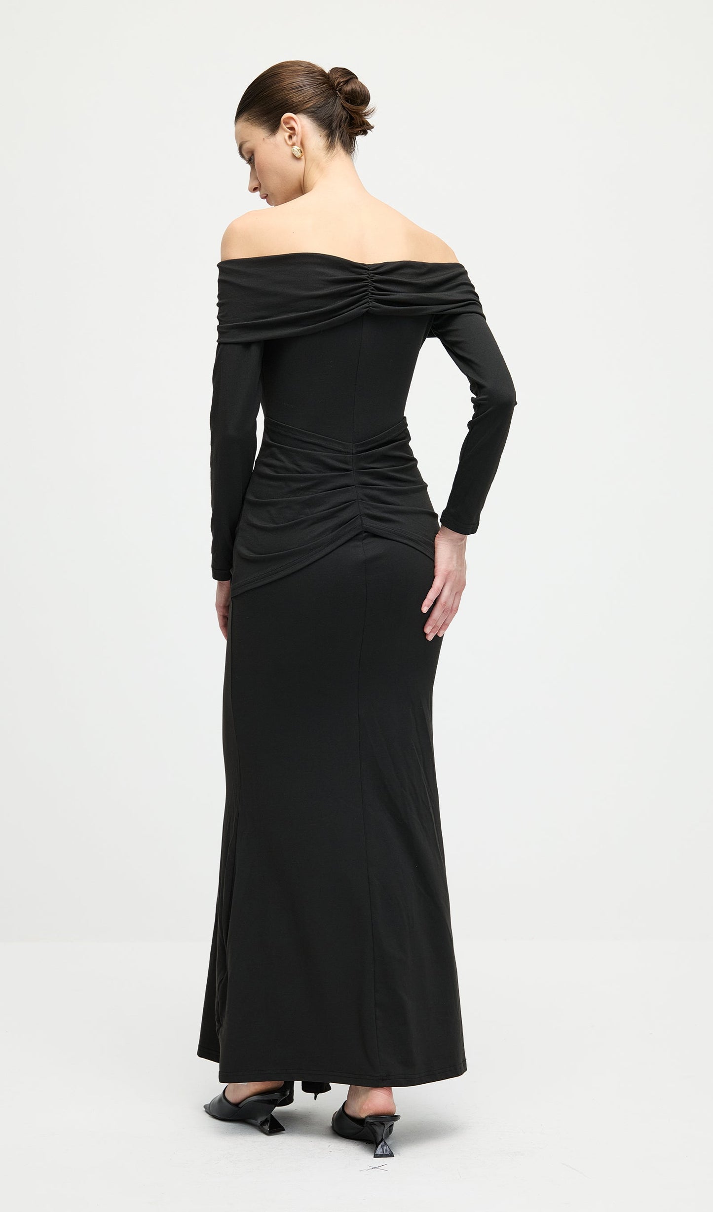 Off Shoulder Ruffle Maxi Dress In Black
