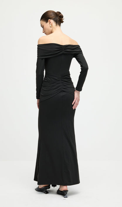 Off Shoulder Ruffle Maxi Dress In Black