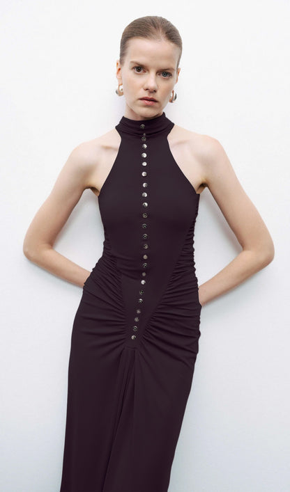 Halter Neck Drape  Maxi Dress In Dark Brown