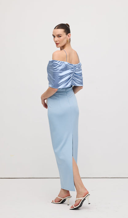 Off Shoulder Draped Satin Maxi Dress