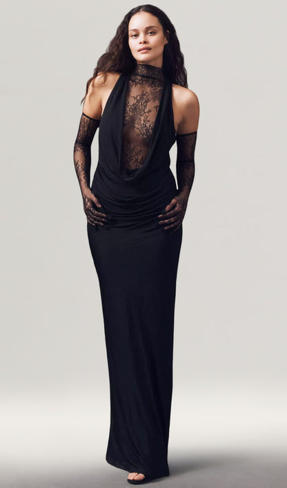 Lace Bodice Ruched Maxi Dress In Black