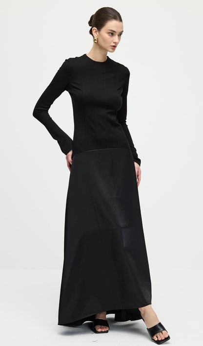 Knitted Satin Maxi Dress In Black