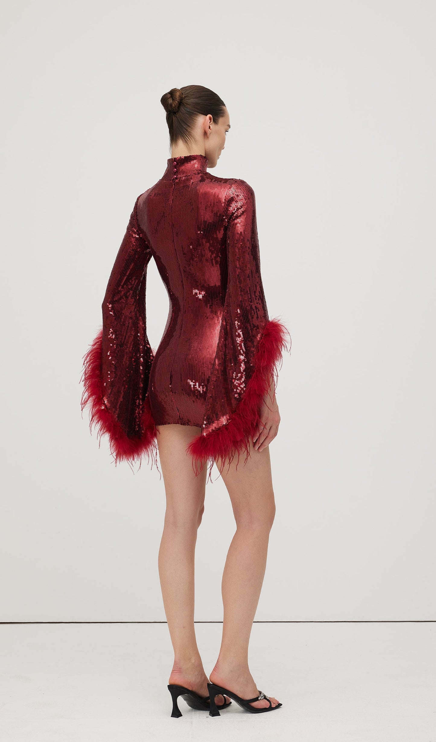 Feather Trimmed Sequined Mini Dress