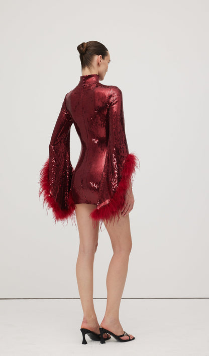 Feather Trimmed Sequined Mini Dress