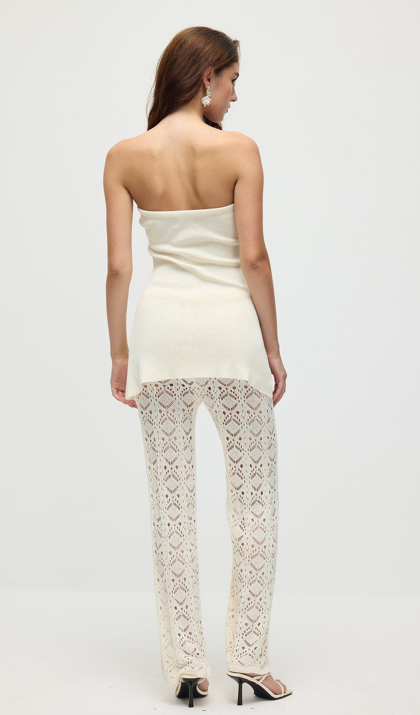 Bandage Knit Top & Crochet Knit Pants In Ivory