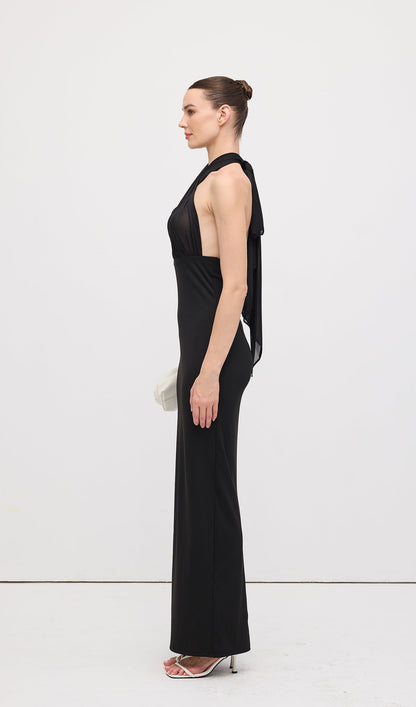 Halter Mesh Maxi Dress In Black