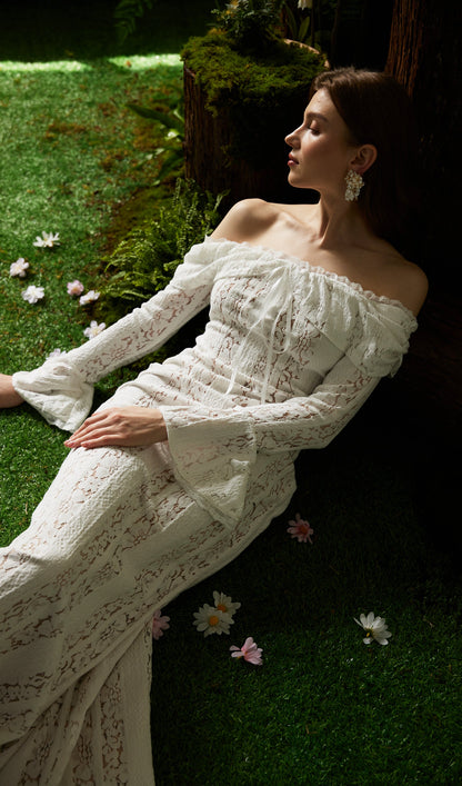 Vintage Floral Lace Off Shoulder Maxi Dress